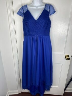 JJs House NWT Cobalt Royal  Blue V-Neck Maxi with Beaded Cap Sleeves